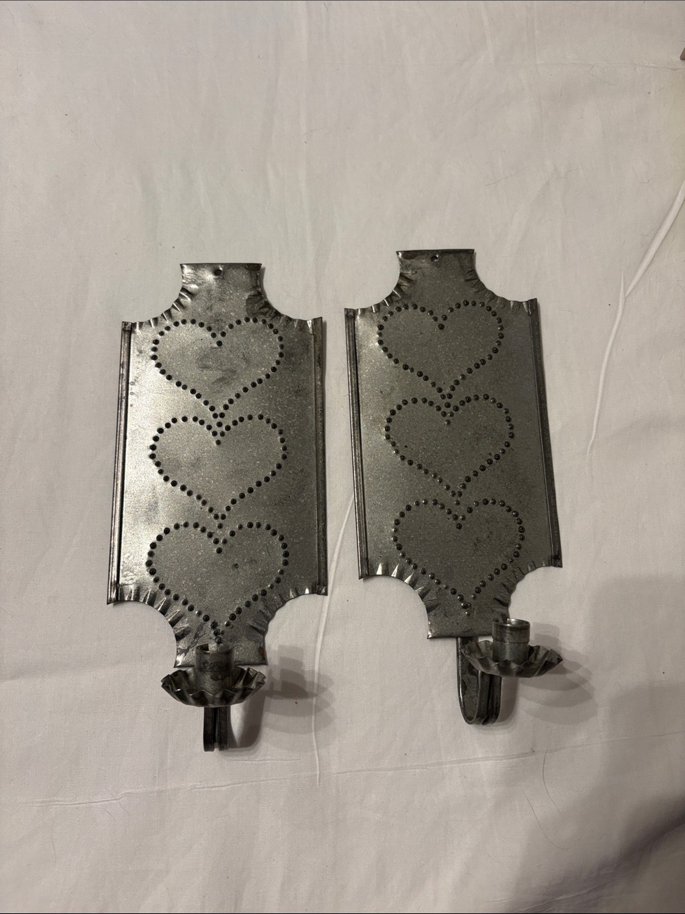Metal Rustic Heart Pattern Wall Sconces - Pair in Gunmetal with Hearts.
